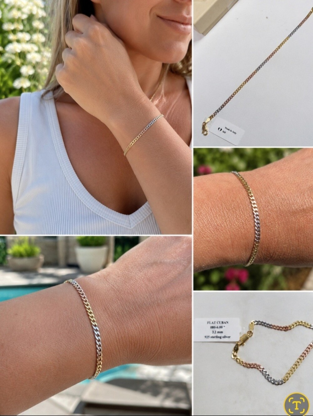 Tri-Color Sterling Silver Curb Chain Bracelet - Gold, Rose & Silver 925